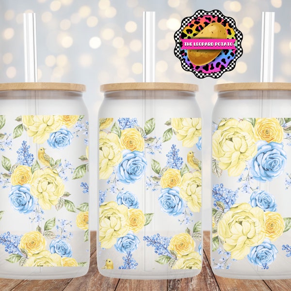 Yellow Roses Glass Can Tumbler- Glass Can Sublimation Design- 16oz Libbey Glass Can- Glass Can Wrap- PNG- Glass with Bamboo lid