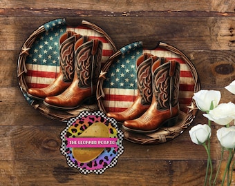 Stivali da cowboy rustici PNG: design del sottobicchiere con bandiera americana (download digitale)