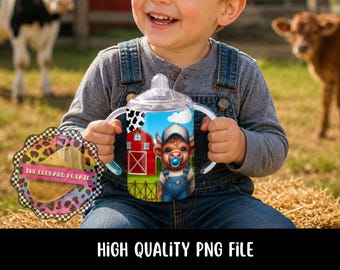May include: A clear sippy cup featuring a cartoon bull calf in dungarees and a blue dummy. The cup has white handles and a blue lid. The design includes a red barn and blue sky. The text "HIGH QUALITY PNG FILE" is at the bottom of the image.