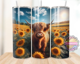 Highland Cow Sunflower 20oz Tumbler Sublimation Design (Digital Download)