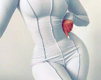 Cute New Solid Knitted Sports Turtleneck Long Sleeves Bodycon Jumpsuit Women Fashion