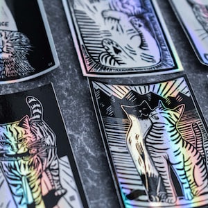 Holographic Cats Linocut Sticker Pack of 6