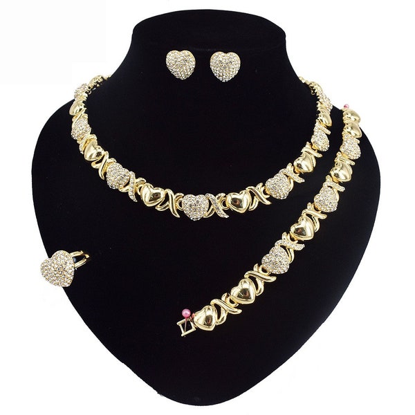 Women's Hugs & Kisses XOXO Hearts Complete Jewelry Set Includes Necklace Bracelet Earrings Ring 18k Gold Plated