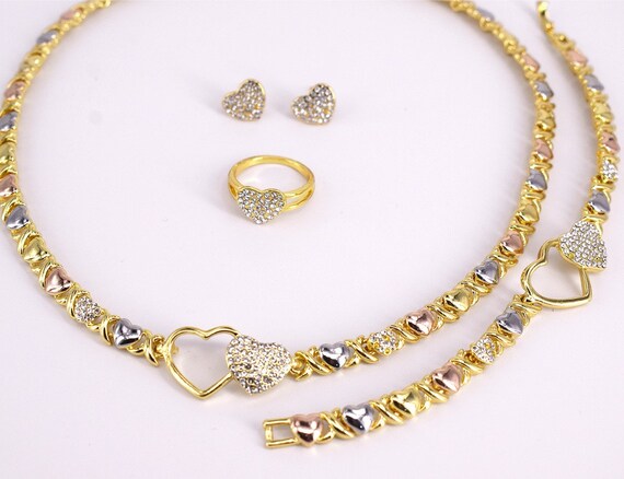 Women's Girls XOXO Hugs & Kisses Necklace Set - Ring Bracelet & Earrings  Jewelry Set 18k Real Gold Plated