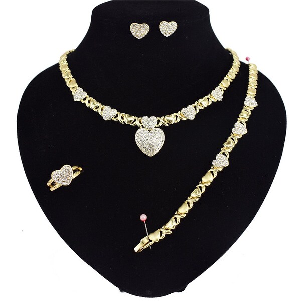 Women's Hugs & Kisses XOXO Heart Charm Necklace Set Includes Ring Bracelet Earrings set 18k Layered Gold Plated