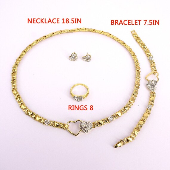 Women's Girls XOXO Hugs & Kisses Necklace Set - Ring Bracelet & Earrings  Jewelry Set 18k Real Gold Plated