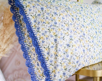 Handmade crochet trim floral pillowcase with European closure. Pretty blue & yellow flower fabric with blue crochet trim