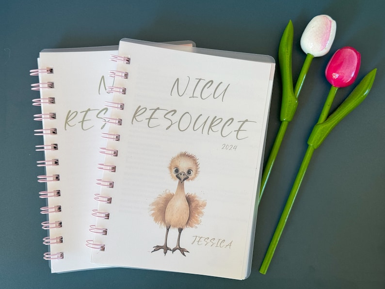 May include: A white and pink spiral bound notebook with the text "NICU RESOURCE 2024" and a drawing of a small brown bird. The notebook is on a blue surface with two green and pink flower pens.