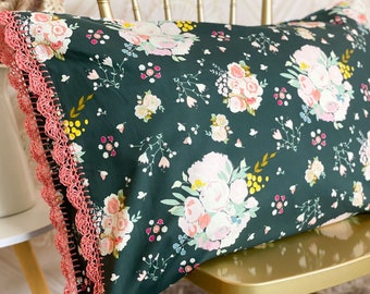 Handmade crochet trim floral pillowcase.  Pretty dark green flower fabric with coral pink organic linen crocheted edge pillow case sham