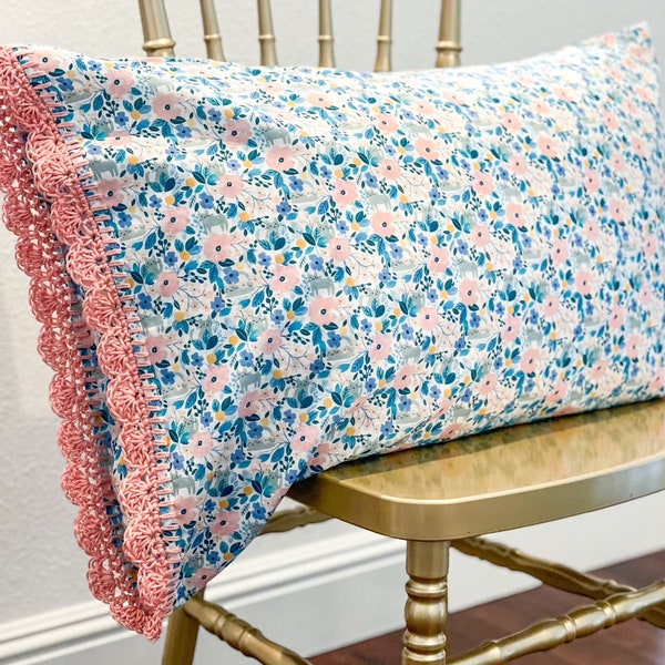 Handmade crochet trim floral pillowcase, blue floral cat fabric; pink crocheted edge. Pretty vintage look pillow case sham country decor
