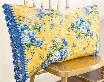 Handmade crochet trim yellow blue rose floral pillowcase; blue organic crocheted knit edge with European closure. Crocheted Pillow case sham