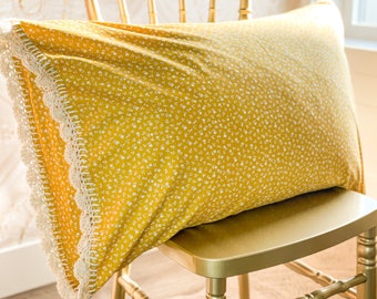 Handmade crochet trim floral pillowcase yellow flower fabric with ivory organic cotton crocheted edge. Pretty vintage look pillow case sham