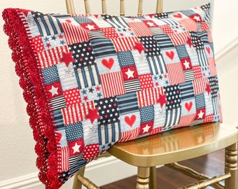 Handmade crochet trim red white blue patriotic pillowcase; red organic crocheted knit edge with European closure. Crocheted Pillow case sham