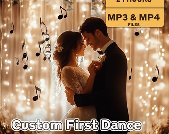 Puede incluir: Una pareja baila en su boda, con notas musicales y luces de cadena en el fondo. La imagen incluye el texto "Custom First Dance Wedding Song" y una pancarta que dice "Delivery 24 Hours" y "MP3 & MP4 Files."