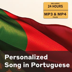 Może przedstawiać: Obraz przedstawia portugalską flagę w kolorach zielonym i czerwonym. Tekst brzmi "Spersonalizowana piosenka po portugalsku". Żółty prostokąt zawiera napisy "Dostawa 24 godziny" i "Pliki MP3 i MP4".