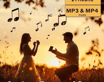 May include: A silhouette of a man proposing to a woman at sunset, with musical notes floating around them. The image includes text that reads "Custom Proposal Song" and a banner that says "Delivery 24 Hours" and "MP3 & MP4 Files."