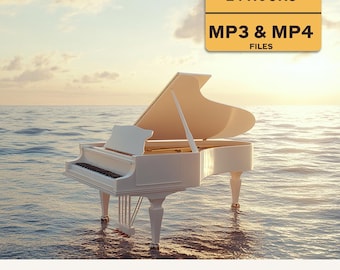 Puede incluir: Un piano de cola blanco se encuentra en el océano con la tapa abierta. El piano tiene teclas blancas y negras y detalles dorados. La imagen incluye el texto "Engagement Custom Song" y un letrero amarillo que dice "Delivery 24 Hours" y "MP3 & MP4 Files."