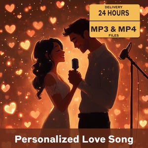 May include: Digital illustration of a couple holding a microphone, with a background of glowing hearts. The image includes the text "Delivery 24 Hours" and "MP3 & MP4 Files". The bottom of the image reads "Personalized Love Song".