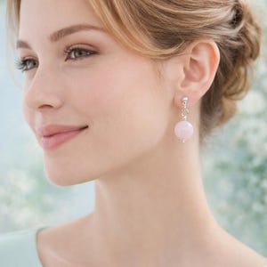 Boucles d'oreilles pendantes en quartz rose 925, pierre naturelle rose pâle minimaliste