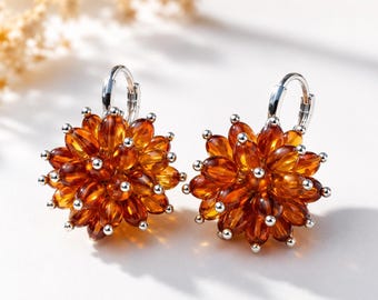 Pendientes de ámbar báltico con pompones, pendientes de aro con racimo de ámbar