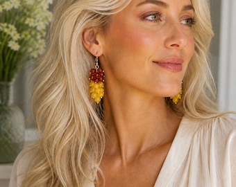 Two Tone Baltic Amber Earrings, Cognac & Lemon Amber Cluster Drop Earrings