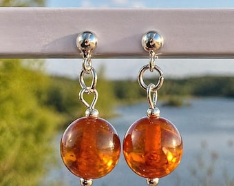 Baltic Amber Stud Earrings Cognac Amber Drops 8 to 9 mm
