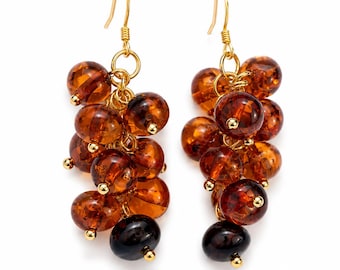 Baltic Amber Grape Cluster Earrings, Cognac Amber