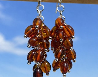 Pendientes colgantes de ámbar báltico con racimo de uvas / Ámbar coñac / 4 cm