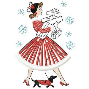 Lady with Christmas Gift Machine Embroidery Design Fringe, Lady and Dachshund, Retro Vintage Design 5*7, 6*8, 6*9