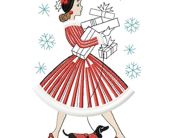 Lady with Christmas Gift Machine Embroidery Design Fringe, Lady and Dachshund, Retro Vintage Design 5*7, 6*8, 6*9