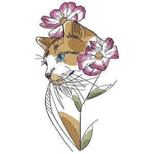 Flower Cat Machine Embroidery Design, Embroidery Cat, Embroidery Animal 5*7, 6*8, 6*9, 6*10