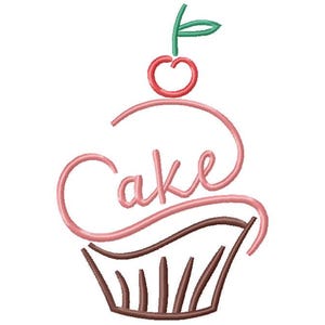 May include: Pink and brown cupcake with a cherry on top and the word "cake" written in a cursive font.