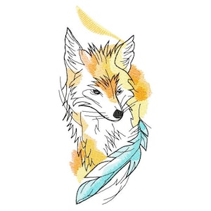 May include: A line drawing of a fox's head with a blue feather behind it. The fox is outlined in black and has a yellow and orange watercolor wash behind it.