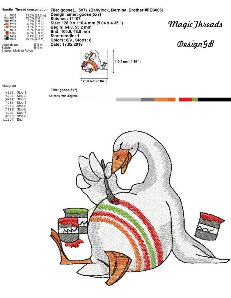 Op de afbeelding: Een witte gans met oranje poten schildert zijn rug met een kwast. De gans zit op zijn zij met twee verfpotten ernaast. De verfpotten zijn rood, groen en oranje. De gans schildert een regenboog op zijn rug. Het ontwerp heet "goose(5x7)" en is 128,0 mm bij 110,4 mm.