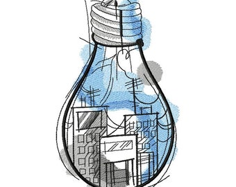 Reflection of the City Machine Embroidery Designs, City embroidery, City in the Lamp design,  5*7, 6*8, 6*9