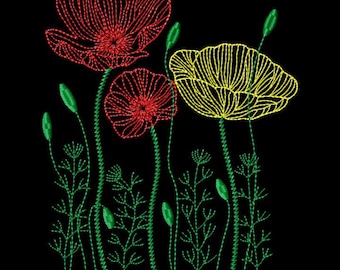 Poppies Machine Embroidery Design , Wildflower Embroidery, Redwork Flowers Design  5*7, 6*8, 6*9