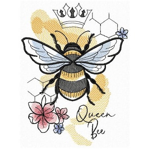 Queen Bee machine embroidery designs, Bee embroidery, Bee on Honeycombs Design, Floral Bee designs 5*7, 6*8, 6*9