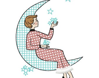 Christmas Lady on Moon Machine embroidery design Fringe, Christmas Vintage design, Happy holiday, Retro vintage design 5*7, 6*8, 6*9