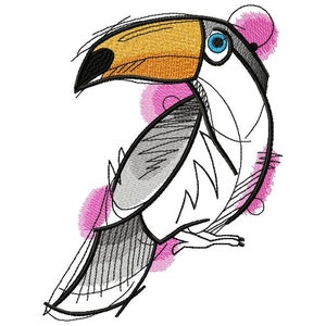 May include: A stylized black and white toucan with a yellow beak and blue eye. The toucan is surrounded by pink watercolor-like circles.