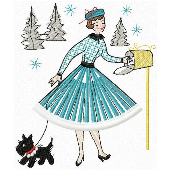 Christmas Lady and Scotty Dog Machine embroidery design Fringe, Christmas Gift on Mailbox, Christmas Vintage Design  5*7, 6*8, 6*9