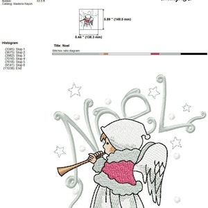 May include: Embroidered design of a Christmas angel playing a trumpet with the word "Noel" in a stylized font. The angel is wearing a white dress with a pink sash and a white hat. The design is surrounded by stars and snowflakes.