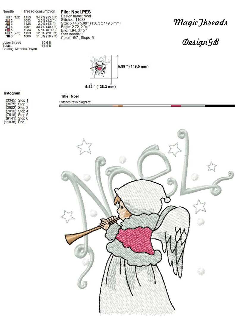 May include: Embroidered design of a Christmas angel playing a trumpet with the word "Noel" in a stylized font. The angel is wearing a white dress with a pink sash and a white hat. The design is surrounded by stars and snowflakes.