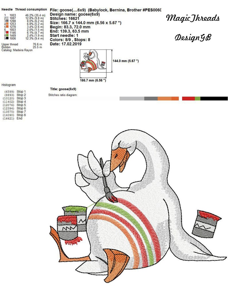 Op de afbeelding: Borduurwerk van een witte gans die zichzelf schildert met een kwast. De gans wordt omringd door drie verfpotten, een rode, een groene en een oranje. Het ontwerp is 16,7 cm bij 14,4 cm.