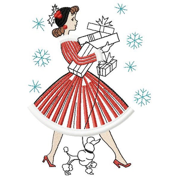 Encore une fois pour le design de broderie de la machine de Noël Fringe, Christmas Lady avec caniche, le design vintage de Noël, Lady Holiday 5 * 7, 6 * 8, 6 * 9