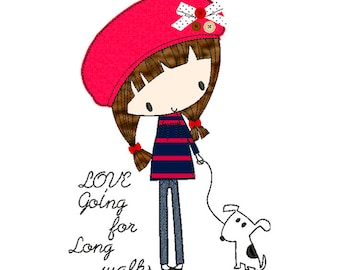 Girl with dog Applique Machine Embroidery Design Applique, Embroidery Design Love Walk 5*7, 6*8, 6*9