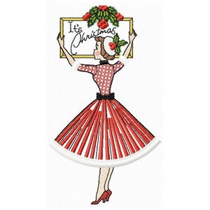 Puede incluir: Un vestido a rayas rojas y blancas con un lazo negro y un ribete de piel blanca. El vestido está siendo sostenido por una mujer con un sombrero rojo y un cartel que dice "Es Navidad".