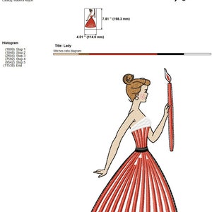 May include: A red and white striped dress with a black belt and a white trim. The woman is holding a red candle with a yellow flame. The image is titled "Lady" and is 4.51 inches by 7.81 inches.