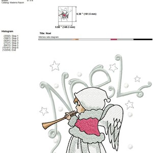 May include: An embroidery design featuring a white angel playing a trumpet with the word "Noel" in white script behind the angel. The design is 5.88 inches by 6.36 inches.