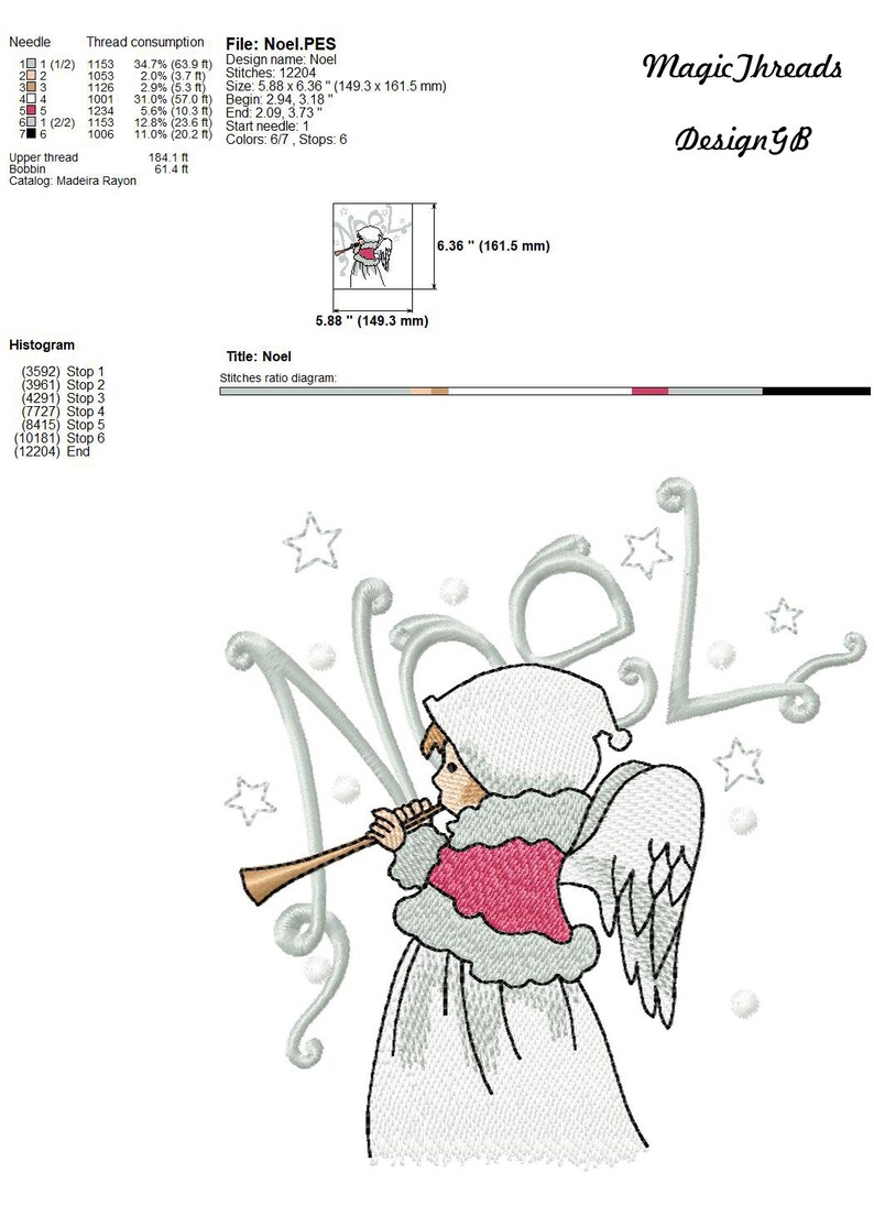May include: An embroidery design featuring a white angel playing a trumpet with the word "Noel" in white script behind the angel. The design is 5.88 inches by 6.36 inches.