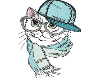 Fashion Cat machine embroidery design, Cat Head design, Cat with glasses design, Animals embroidery 4*7, 5*7, 6*8, 7*9, 8*10